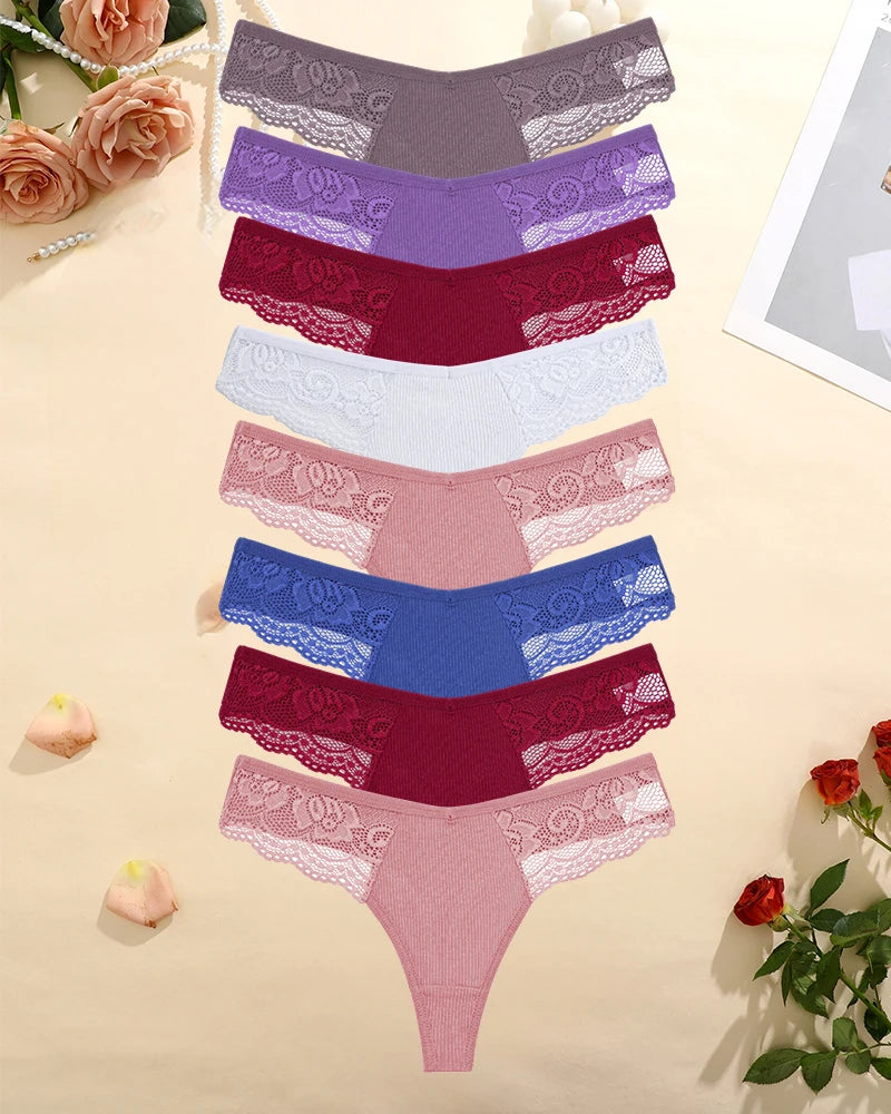 FINETOO 8Pcs Women's Cotton Underwear Lace Thongs Sexy Solid Color Low Waist Bikini Panties Ladies Breathable G-string Lingerie