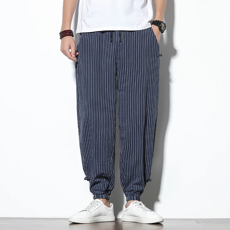 Four Seasons Men Disc Buckle Striped Harem Pants Breathable Cotton Linen Pencil Pants Buckle Casual Bloomers Fashion Trousers