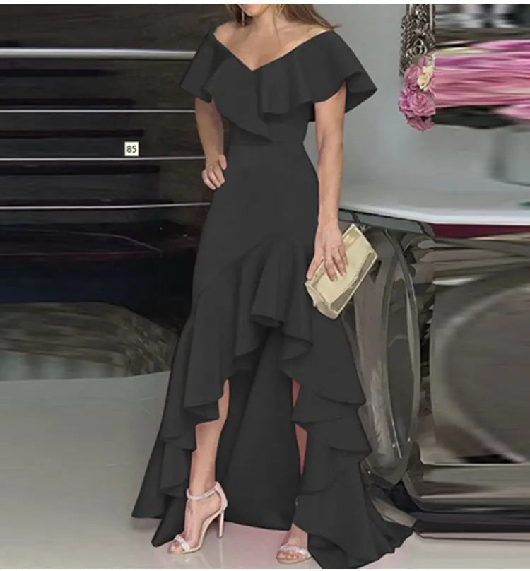 2023 Autumn New European and American Style V-Neck Long Dress with Ruffled Edge Irregular Elegant Dress Party Dress