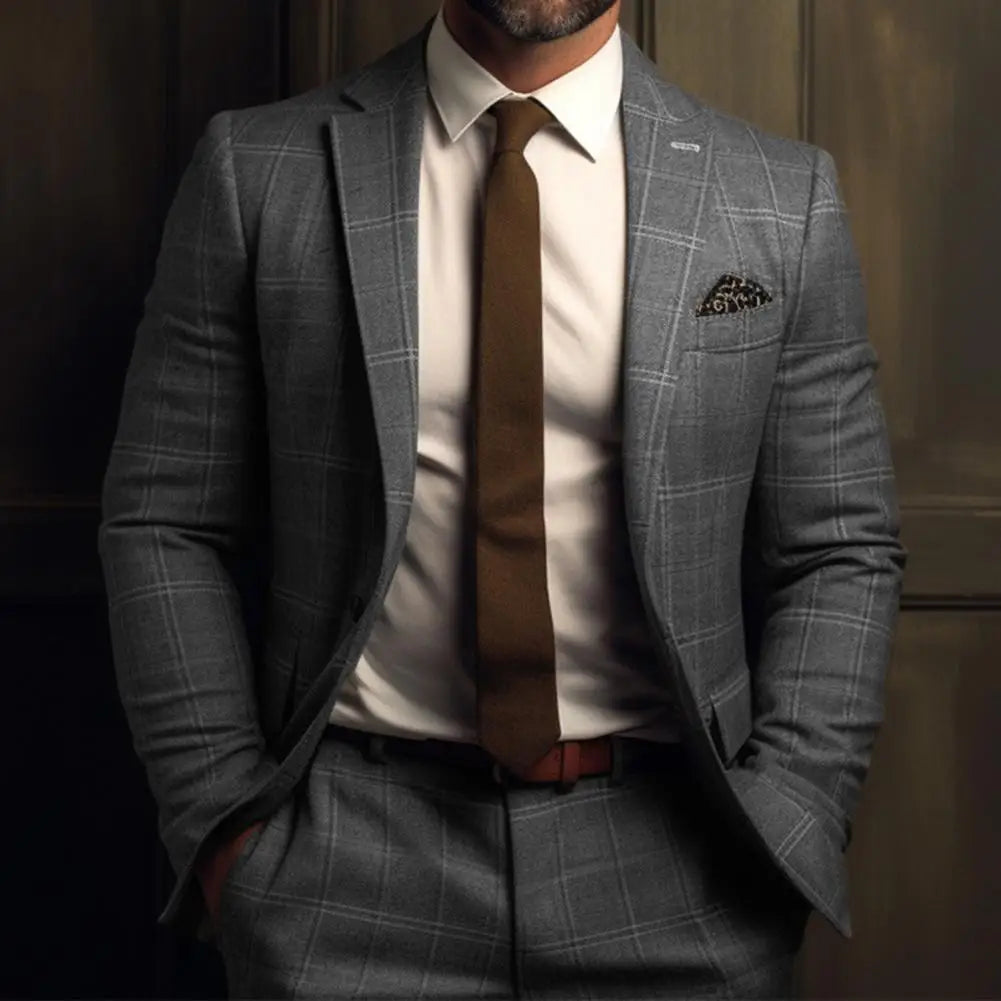 Vintage Men Suit Formal Slim Fit Plaid Print Business Jacket Long Sleeve Single Button Men Office Attire Coat