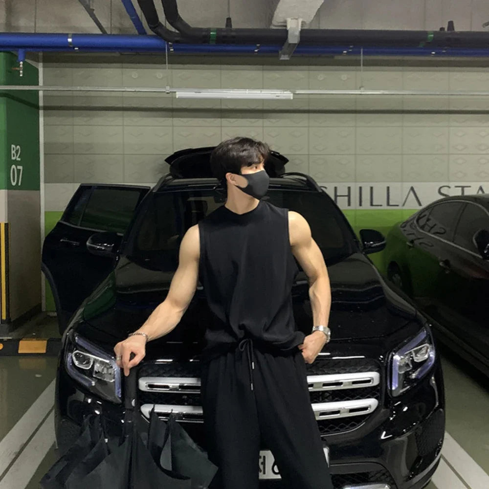 New Summer Clothing Mens Casual Tank Tops Set Luxury Korean Streetwear O Neck Solid Drape Vest and Trousers 2 Piece Suit