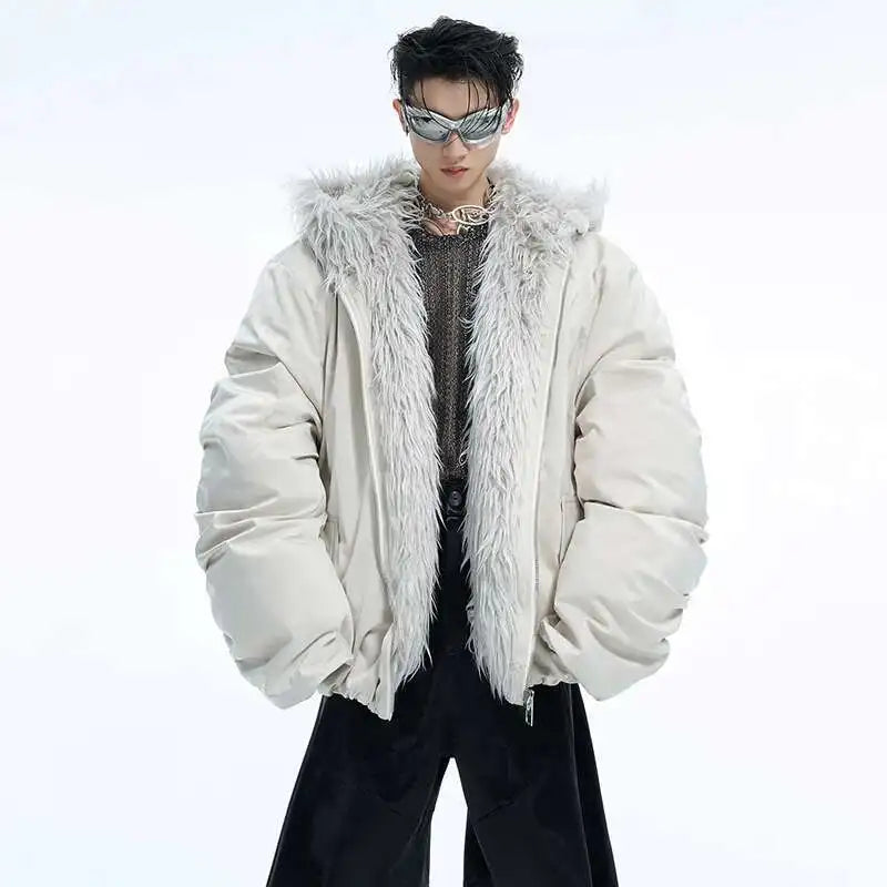 LUZHEN Winter Hooded Cotton Coat Casual Solid Color Faux Fur Patchwork Design Personalized Warm Short Baseball Jacket Men LZ7041