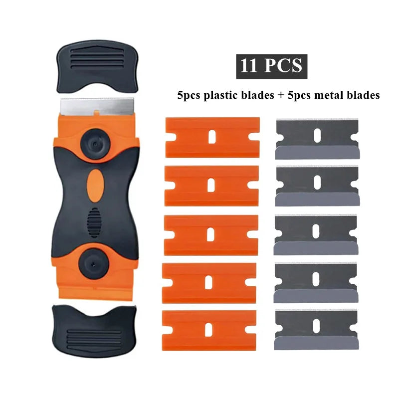 Double-Sided Scraper W/ 20pcs Razor Blade Auto Film Sticker Glue Ice Remover Razor Gap Glass Kitchen Car Cleaner Squeegee Knife