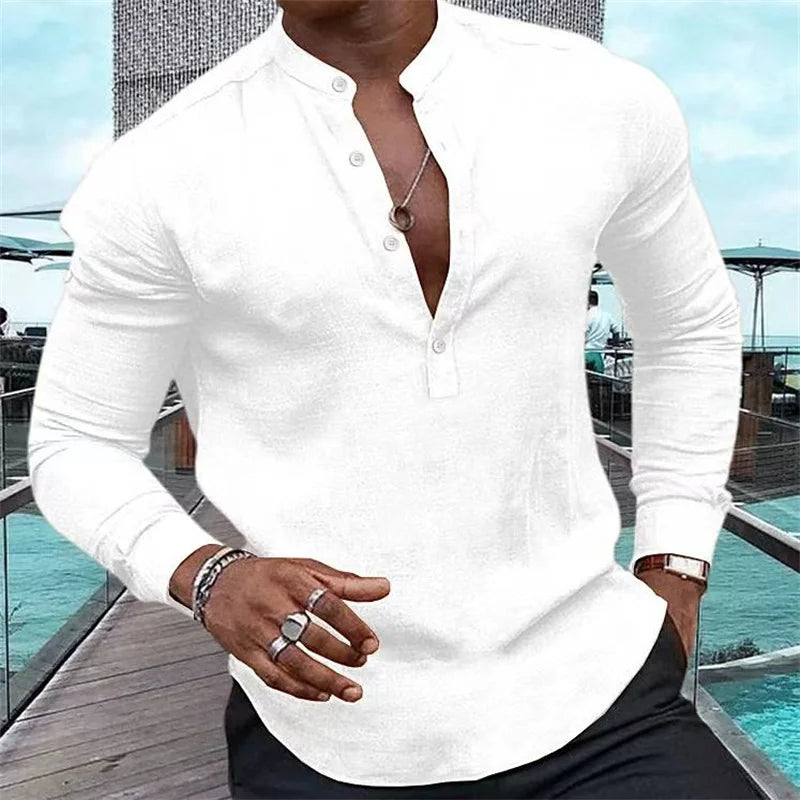 Fashion shirt men's Henry solid color half-open button stand collar muscular men's tops street soft and comfortable 2023 new