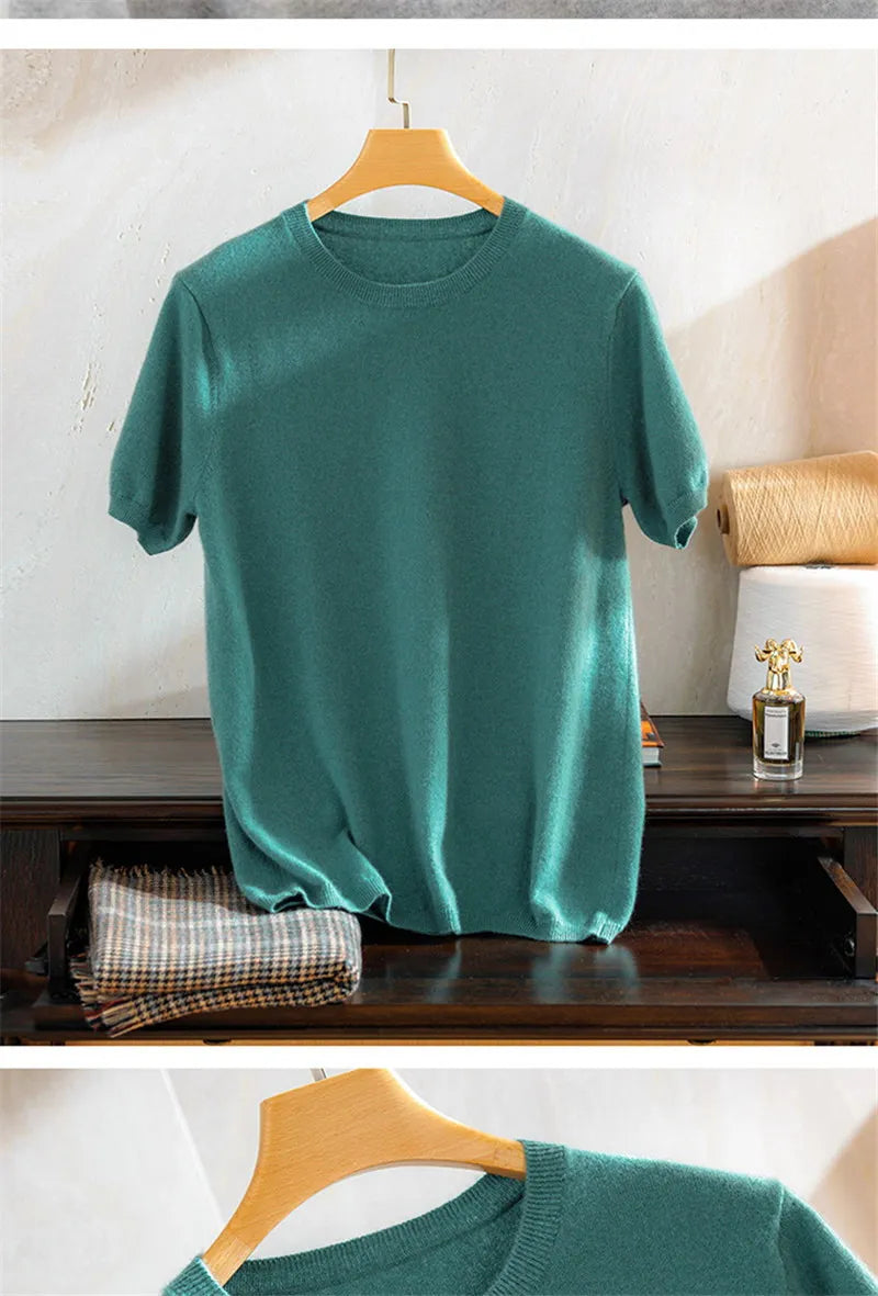 Superfine Merino Cashmere Knitted O-neck T-shirt for Men's Clothing Short Sleeve Tee Solid Color Trend Leisure Tee Tops ﻿