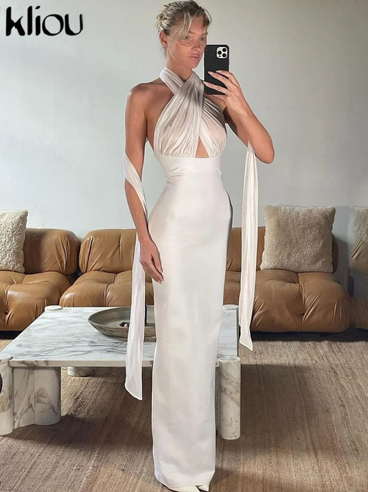 kliou Ribbons Women Long Dress Patchwork Cross Halter Sleeveless Backless Straight Vestidos Female Elegant Evening Classic Robe