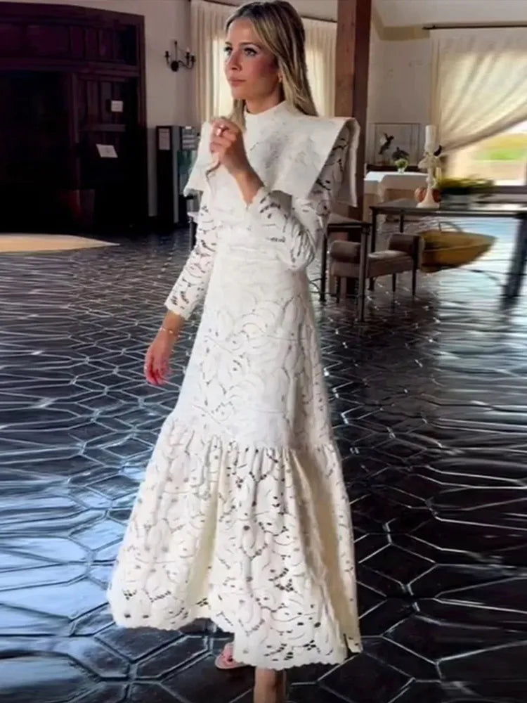 Elegant Lace Hollow Out Long Dress Women High Collar Long Sleeve Slim Solid Dresses 2025 Spring Summer Patchwork Lady Party Robe