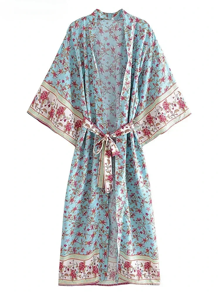 Vintage Chic Women Blue Floral Print Summer Bohemian Kimono Dress Ladies Batwing Sleeves Boho Maxi Bikini Cover-ups Beach Wear