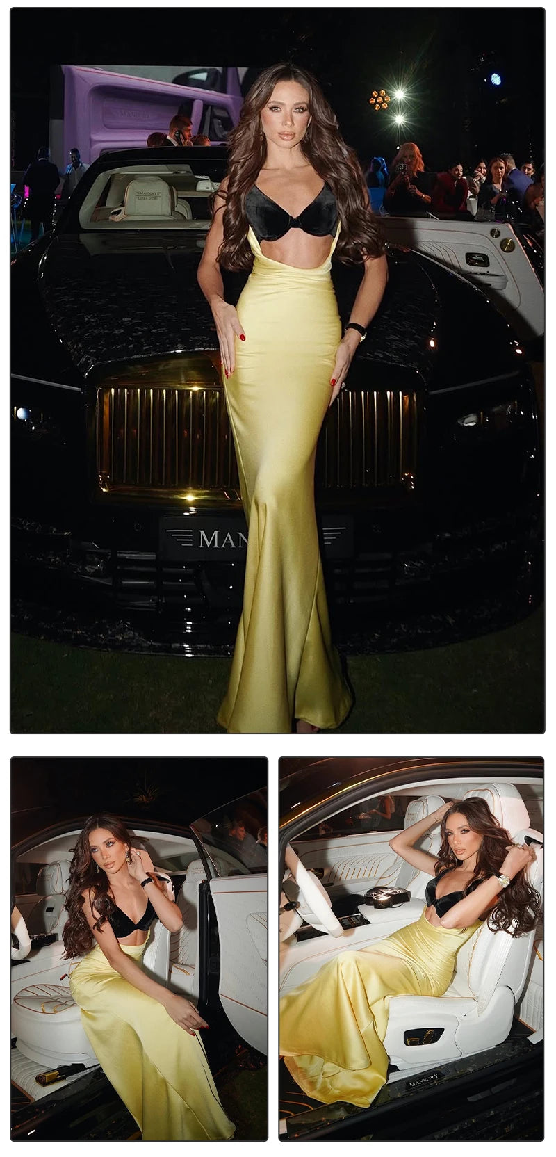 VC Women Cut-out Long Dress Temperament Contrast Color Combo V Neck Suspender Backless Slit Slim Mermaid Party Evening Gowns