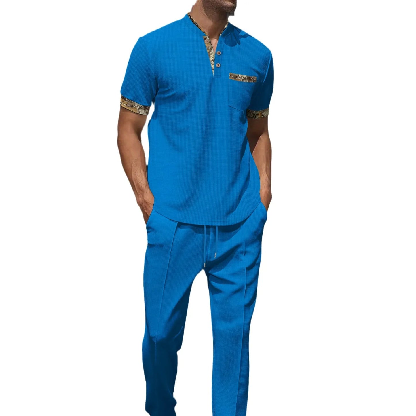Men's Light Luxury Polo Shirt Set Summer Men's Stand up Collar Button Pocket Waffle Short Sleeve T-shirt Sports Trend Men's Set
