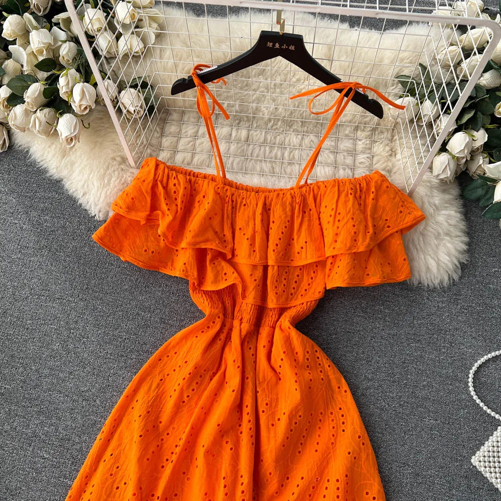 SINGREINY High Street Cotton Embroidery Long Dress Women Hollow Out Backless Beach Sundress Fashion Off the Shoulder Sexy Dress