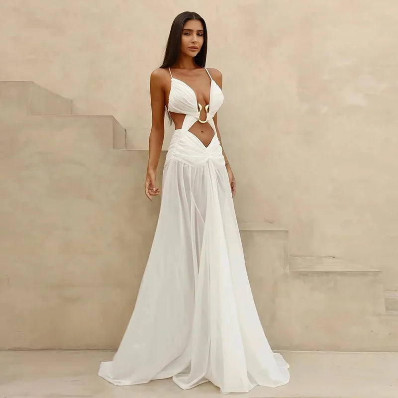 Metal Decorative Halter Long Dress Woman Hollow Out Backless Solid Color Pleated Robe Vacation Beach Women's Perspective Dresses
