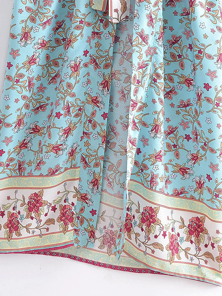 Vintage Chic Women Blue Floral Print Summer Bohemian Kimono Dress Ladies Batwing Sleeves Boho Maxi Bikini Cover-ups Beach Wear