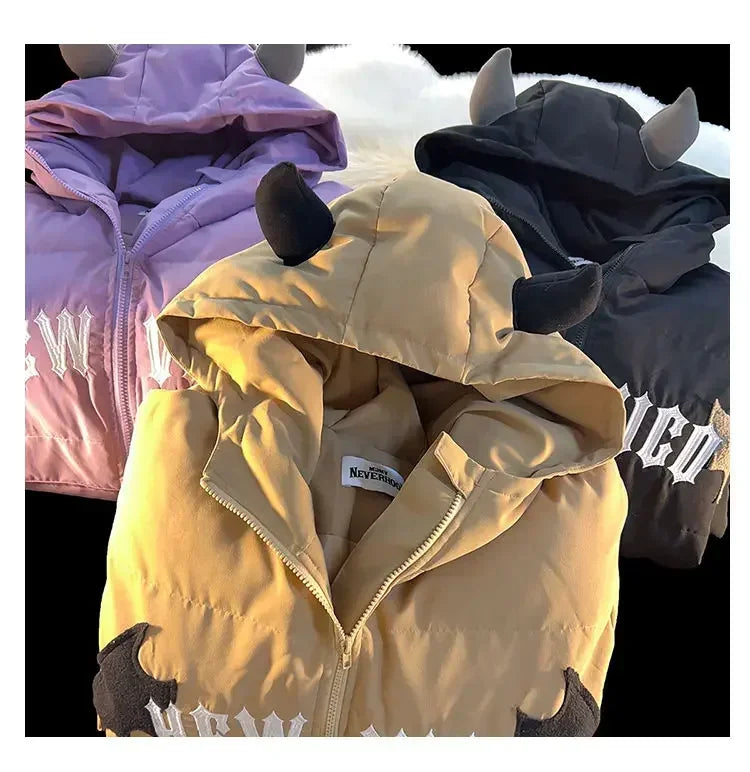 Winter New Cotton Jacket Devil Wing Embroidery Bread Jackets Men's Women's Vintage Harajuku Casual Loose Hooded Cotton-padded