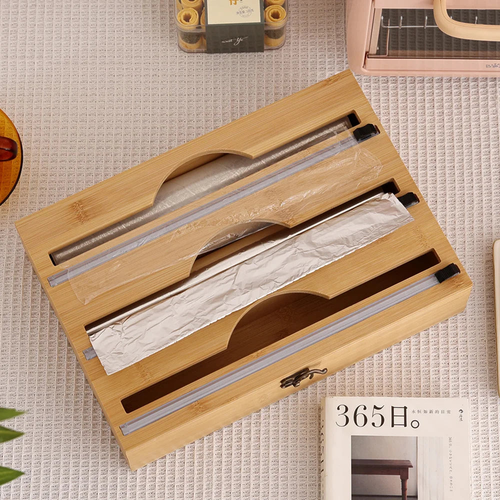 New 3 In 1 Bamboo Wrap Dispenser Storage For Aluminum Foil With Cutter Cling Film Holder Kitchen Accessories Organizer