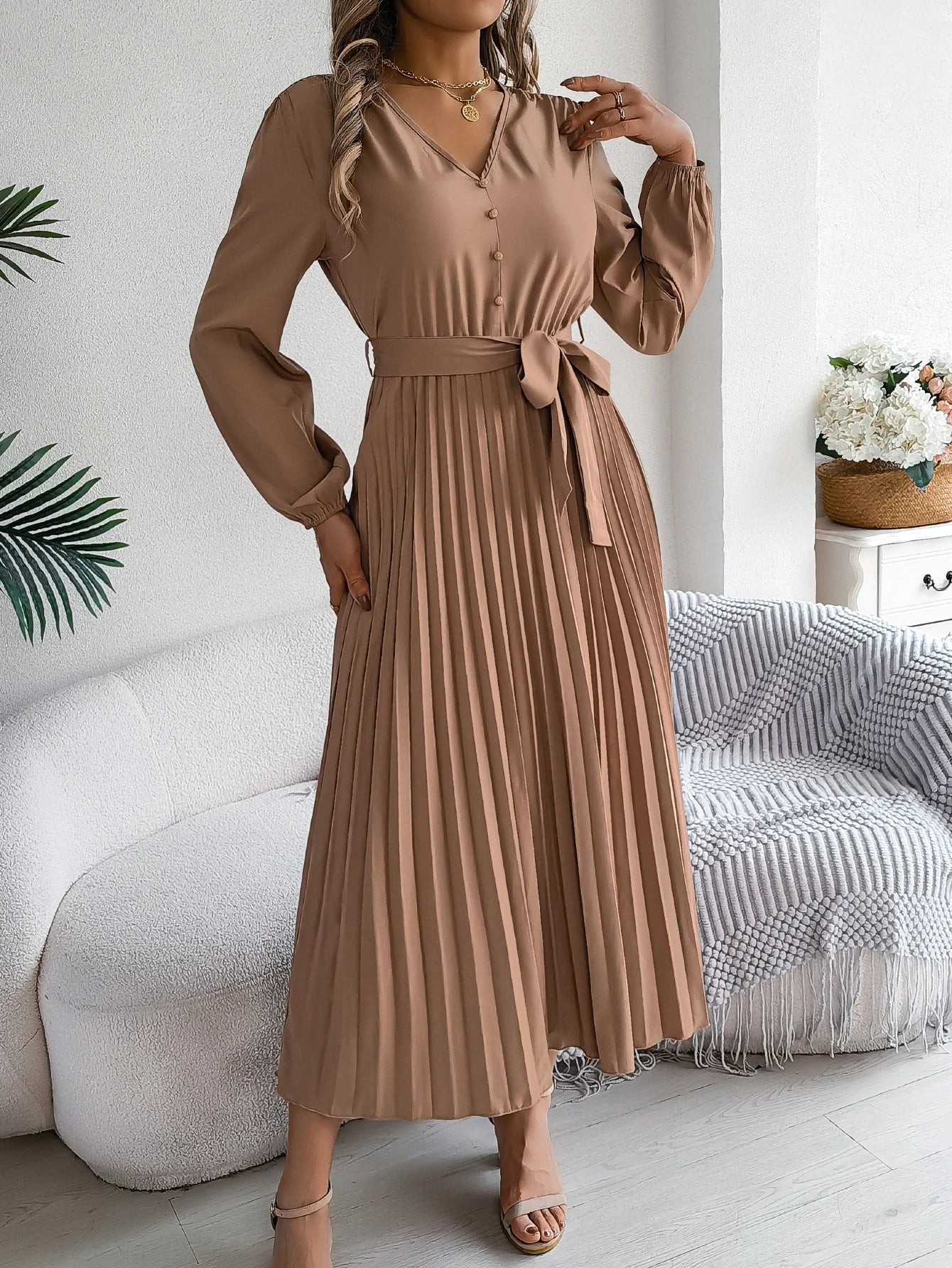 Autumn Winter Elegant V-Neck Button Belt Long Sleeved Solid Color Pleated Long Dress For Women Dresses