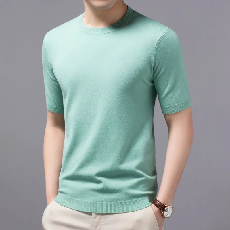 Superfine Merino Cashmere Knitted O-neck T-shirt for Men's Clothing Short Sleeve Tee Solid Color Trend Leisure Tee Tops ﻿
