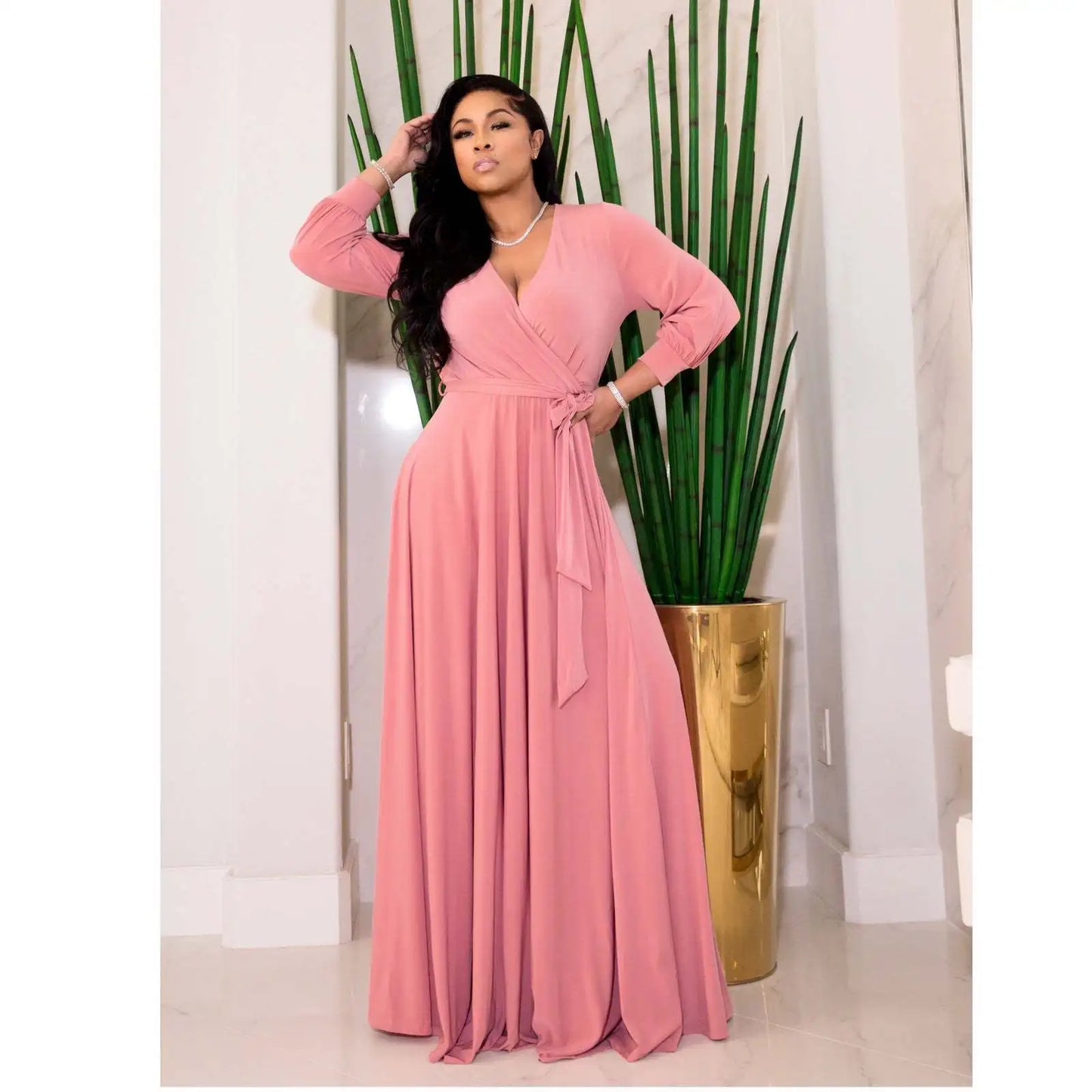 CM.YAYA Elegant Women Wraped V-neck Long Sleeve with Sashes Maxi Long Dress Chic INS Sexy Party Prom Big Swing Pink Dresses