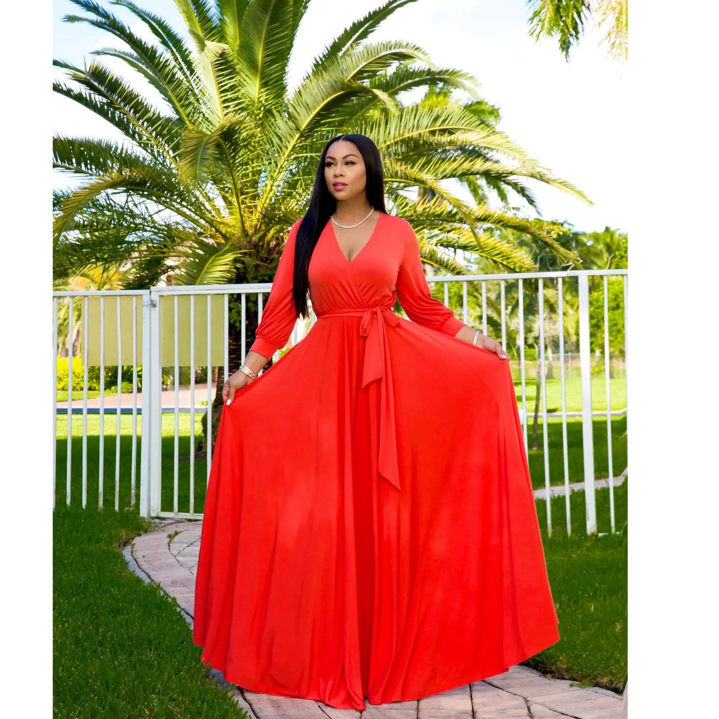 CM.YAYA Elegant Women Wraped V-neck Long Sleeve with Sashes Maxi Long Dress Chic INS Sexy Party Prom Big Swing Pink Dresses