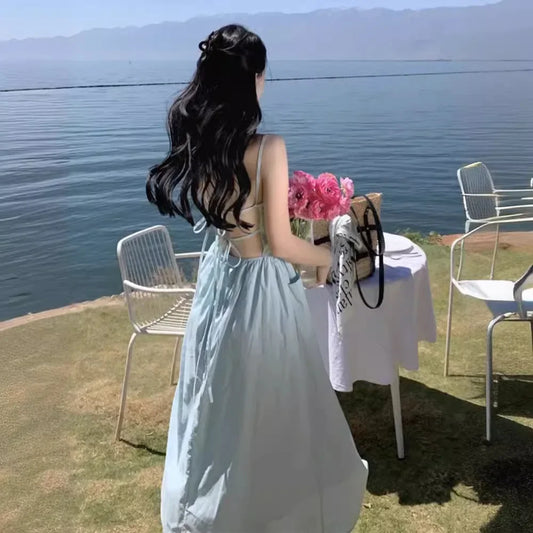 French Style Sexy Open-Back Blue Tank Dress Women's Summer Vacation Beach A- Line Long Dress Beach Vacation Dress