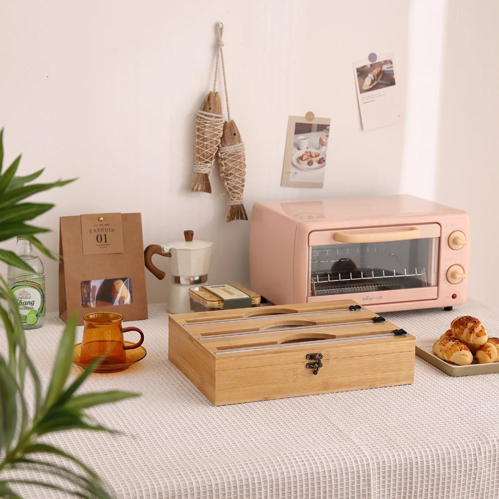 New 3 In 1 Bamboo Wrap Dispenser Storage For Aluminum Foil With Cutter Cling Film Holder Kitchen Accessories Organizer