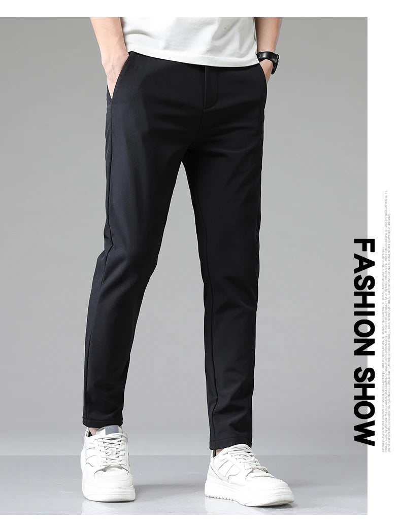 Summer Men's Casual Pants Thin Business Stretch Slim Fit Elastic Waist Jogger Korean Classic Blue Black Gray Brand Trousers Male