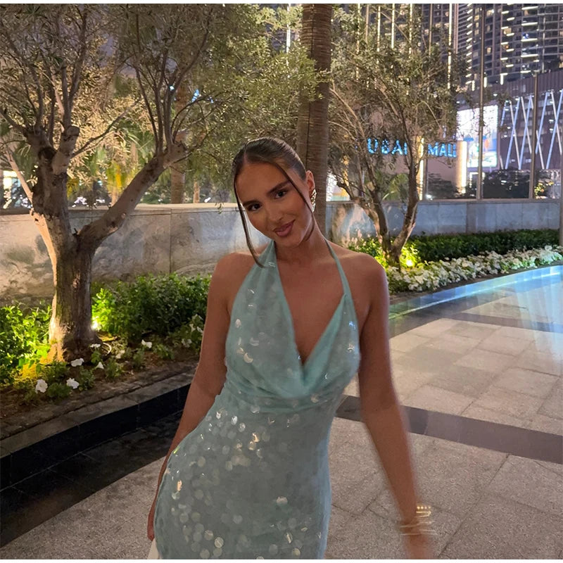 Elegant Sequin Halter Long Dress Women Sexy Bule Backless Sleeveless Slim Asymmetrical Beach Dresses Lady Chic Party Holiday