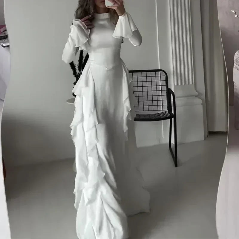 Women High Collar Flare Sleeve Ruffles Long Dress Sexy White Long Sleeves Lace-up Slim Dresses Elegant Evening Party Runway Club