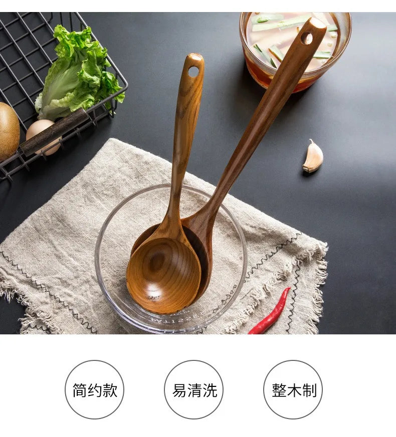 1~9PCS Thailand Teak Natural Wood Tableware Spoon Ladle Turner Long Rice Colander Soup Skimmer Cooking Spoons Scoop Kitchen Tool
