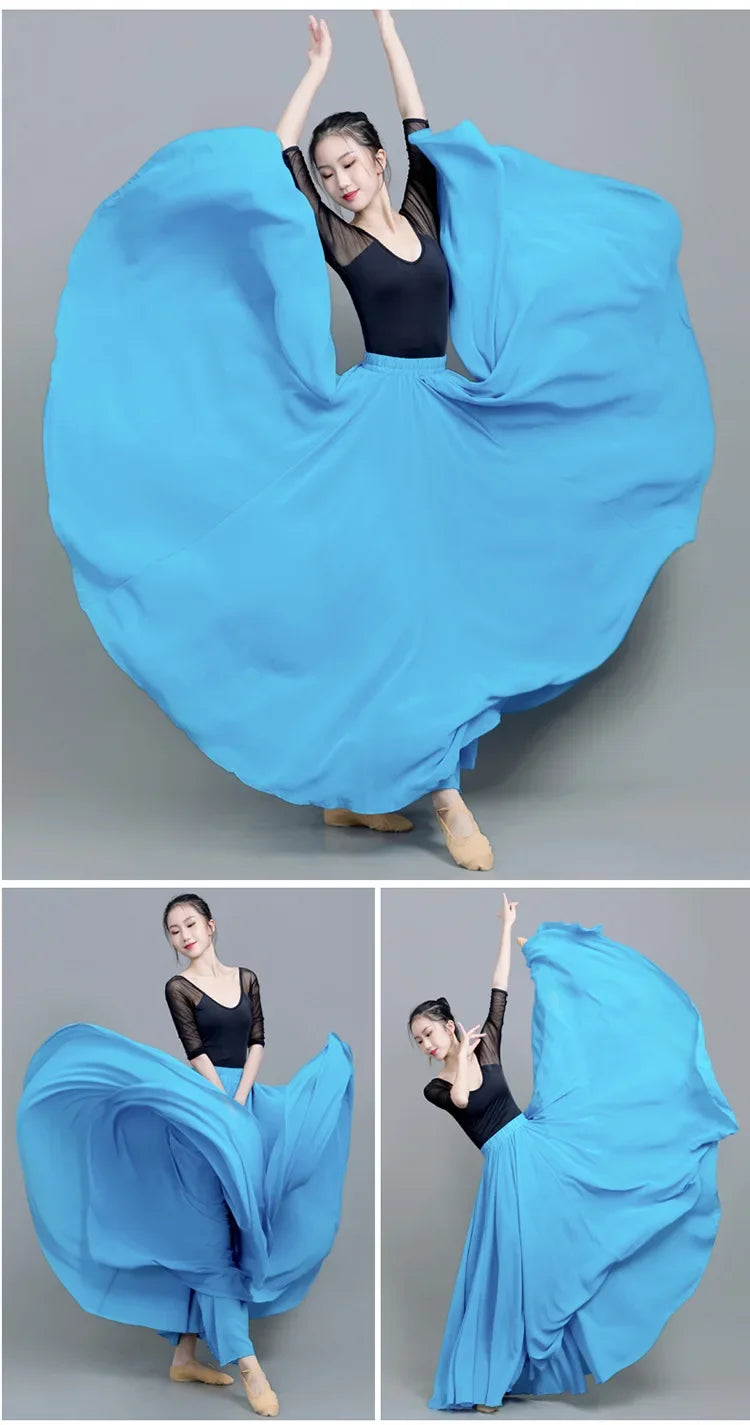 720 Degree Wide Dancing Skirt Chiffon Double Layer Semi-Long Dress Women's Solid Color Xinjiang Dance Skirt