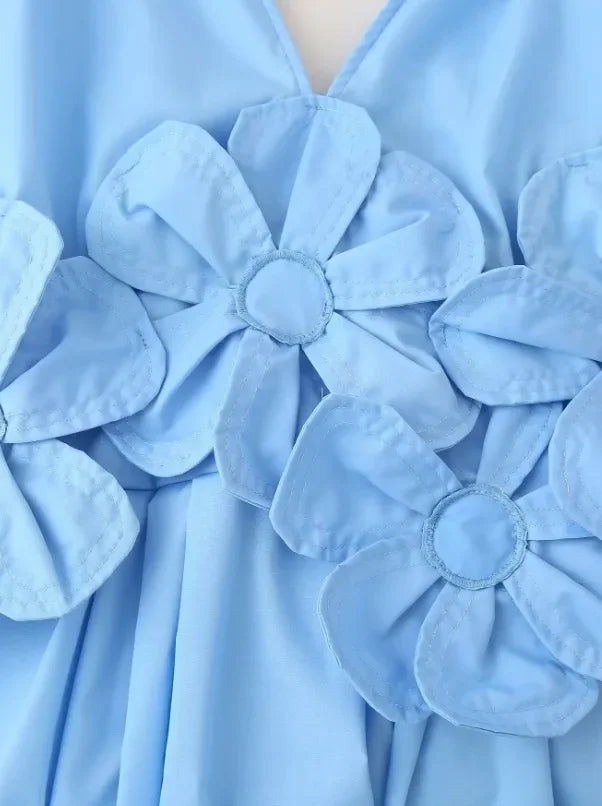 Women Blue V-neck Waist Strap Three-dimensional Flower Bow High Waist Long Dress