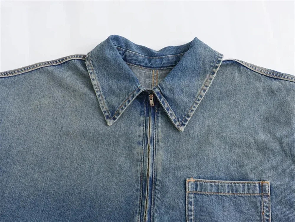 Women's Denim Dresses Lapel Zip Mini Long Sleeve Dresses Fashion Casual Loose Patch Pocket Party Commuter Denim Dresses