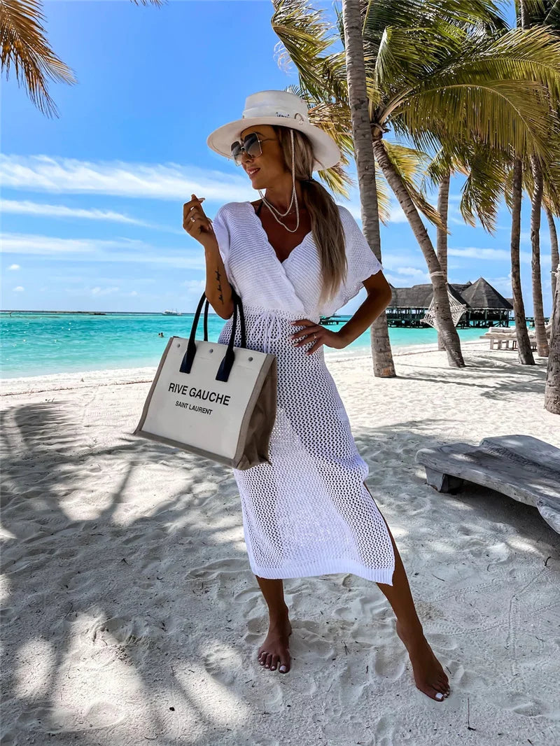2024 White Crochet Tunic Bikini Cover-ups Sexy Hollow Out Long Dress V neck Women Summer Clothes Beach Wear Knitted Cover Up