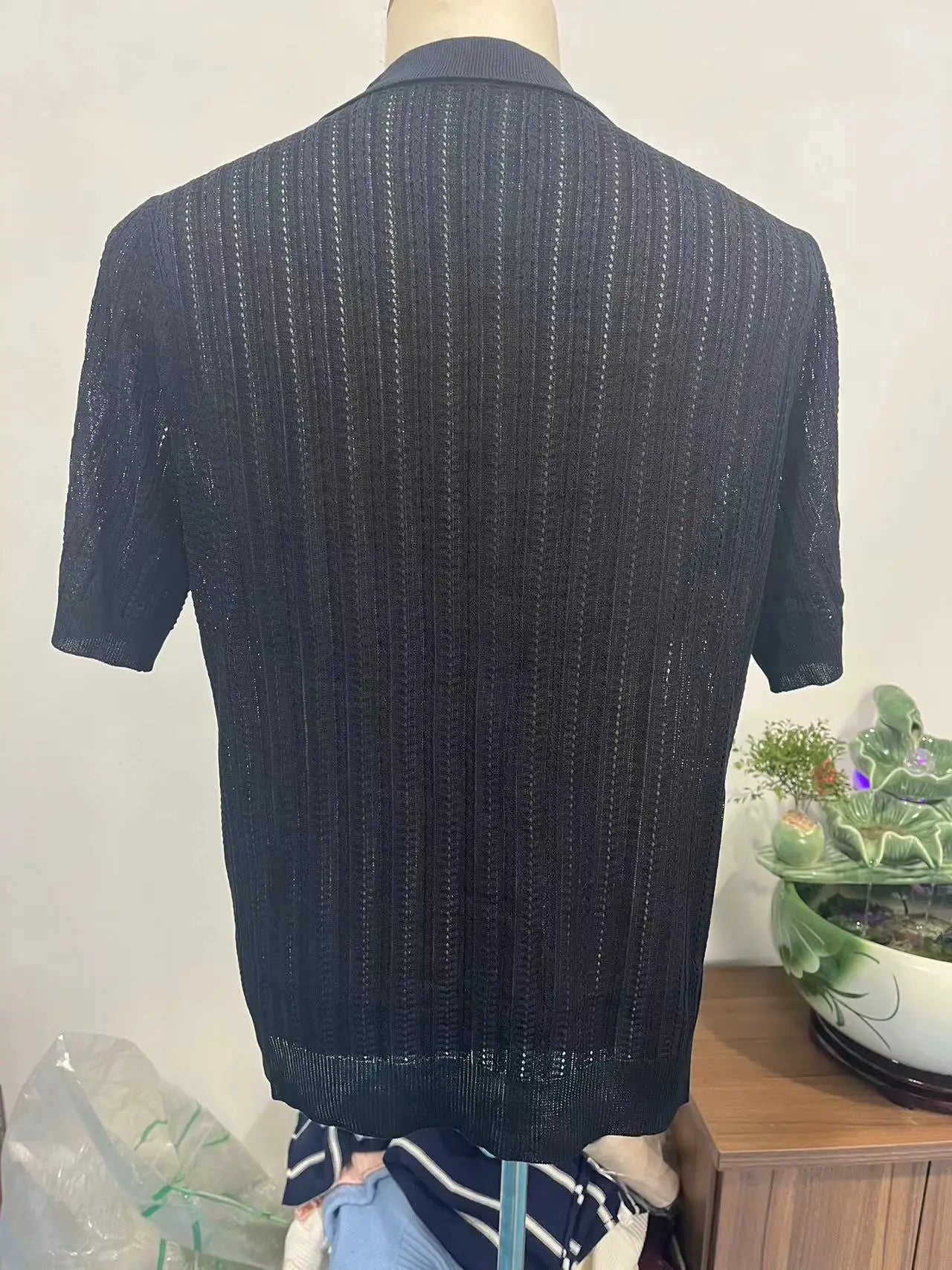 Summer Men's Casual Shirt Breathable Hollow Out Knit Shirt Short Sleeve Lapel Lightweight Top for Men European  American Loose