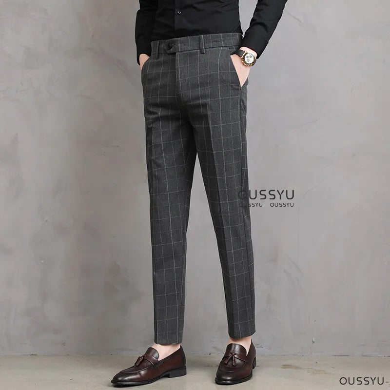 High Quality Summer Thin Plaid Pattern Formal Dress Pants Men Slim Business Work Office Party Korea Skinny Casual Trousers Male