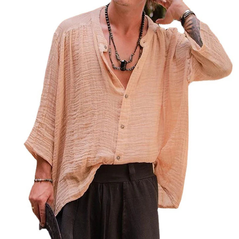 Cotton Linen Shirt Men's Vintage Stand Collar Buttoned Tops Beach Loose Shirts For Men Loose Solid Half Sleeve Casual Clothes
