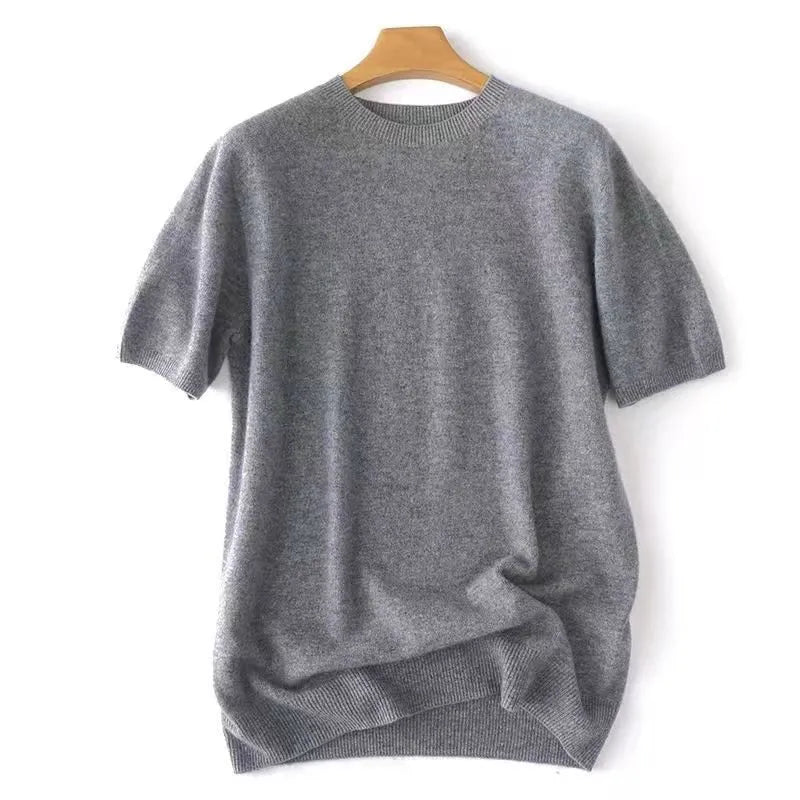 Superfine Merino Cashmere Knitted O-neck T-shirt for Men's Clothing Short Sleeve Tee Solid Color Trend Leisure Tee Tops ﻿