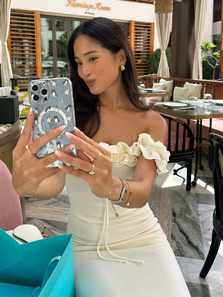 Sexy Off Shoulder Ruffles Women's Dresses Fashionable Lace Up Solid Slim Fit Long Dress Female Summer Beach Holiday Party