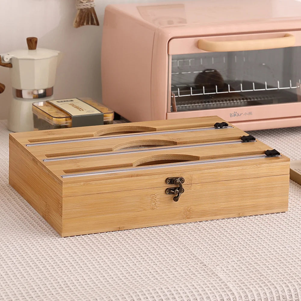 New 3 In 1 Bamboo Wrap Dispenser Storage For Aluminum Foil With Cutter Cling Film Holder Kitchen Accessories Organizer