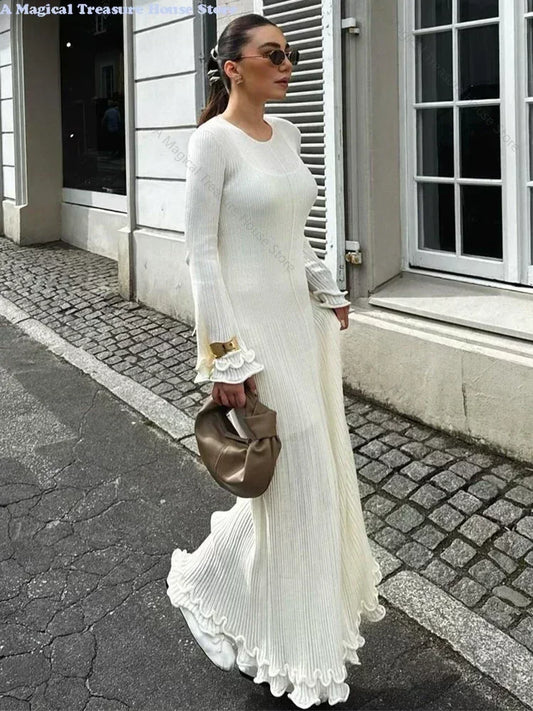 Fashion Ruffled Hem Knitted Long Dress Women Sexy O Neck Flare Long Sleeve Backless Lace Up Slim Dresses Female Vacation Robes