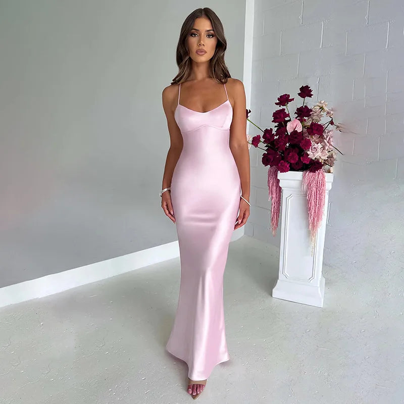 Women's Spaghetti Straps Satin Backless Sexy Dress Summer Beauty Elegant Party Evening Dress Tight Long Dress