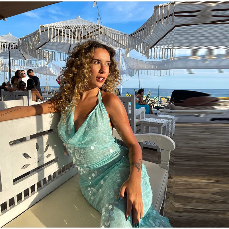 Elegant Sequin Halter Long Dress Women Sexy Bule Backless Sleeveless Slim Asymmetrical Beach Dresses Lady Chic Party Holiday