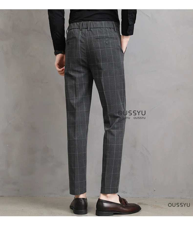 High Quality Summer Thin Plaid Pattern Formal Dress Pants Men Slim Business Work Office Party Korea Skinny Casual Trousers Male