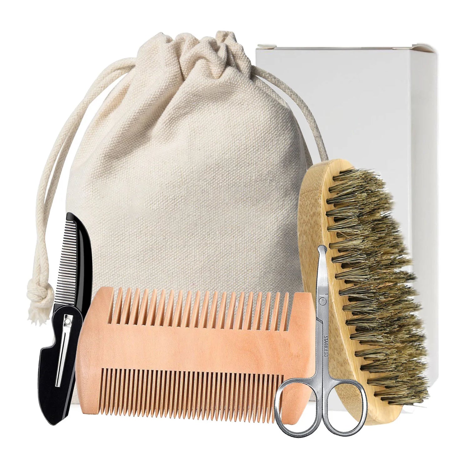 Men Shaving Bamboo Brush Comb Set Boar Bristle Portable Barber Beard Brush Comb Scissors for Facial Cleaning Styling Tool