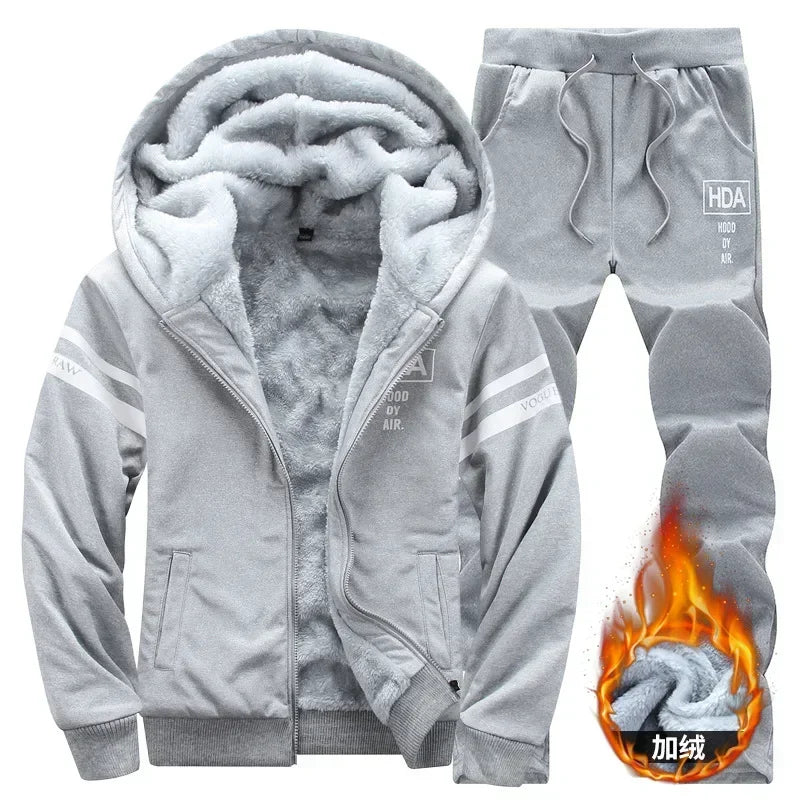 2025 Men's Thicken Warm Tracksuit Set Cardigan Fleece Hood Jacket+Pants Sweatshirts Male 2 Piece Sets Hoodies Suit Coat Big Size