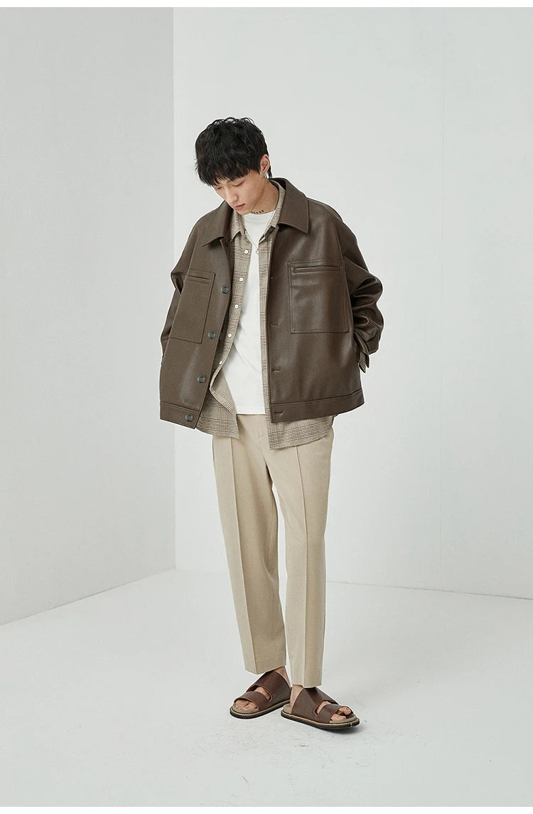 Mauroicardi Spring Autumn Short Oversized Brown Black Soft Faux Leather Jackets for Men Pockets Long Sleeve Korean Fashion 2022