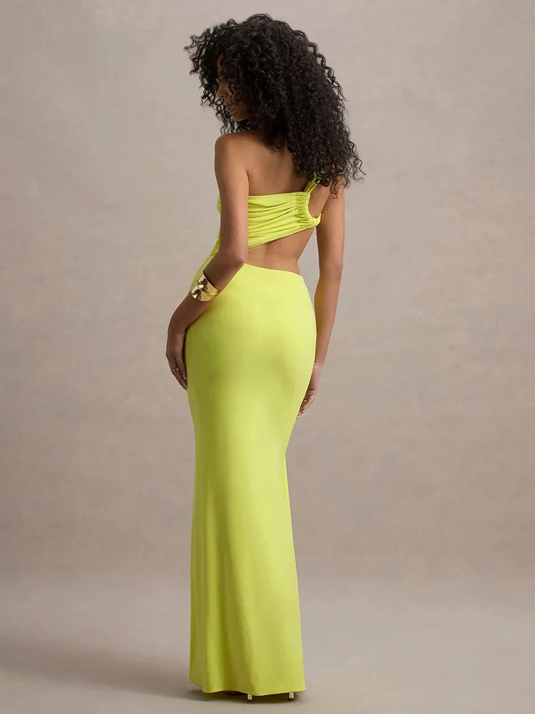 Mozision Irregular Ruched Sexy Maxi Dress For Women Gown Hollow Out One Shoulder Sleevelessdraped Bodycon Club Party Long Dress