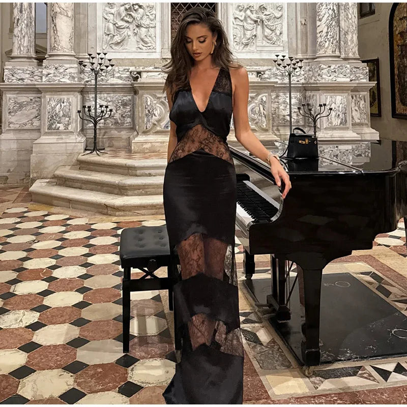 New Sexy Lace V-neck Sling Long Dress Women Retro Black Perspective Sleeveless Patchwork Maxi Dresses Female Chic Street Party