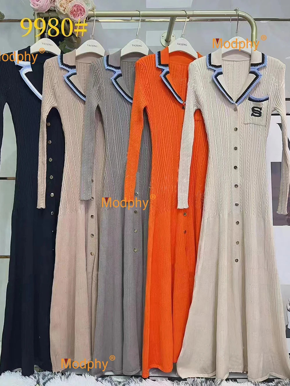 Modphy 2025 Elegant Slim Knitted Long Dress Women's Letter Single Breasted Long Sleeved Designer Vintage Dresses Autumn