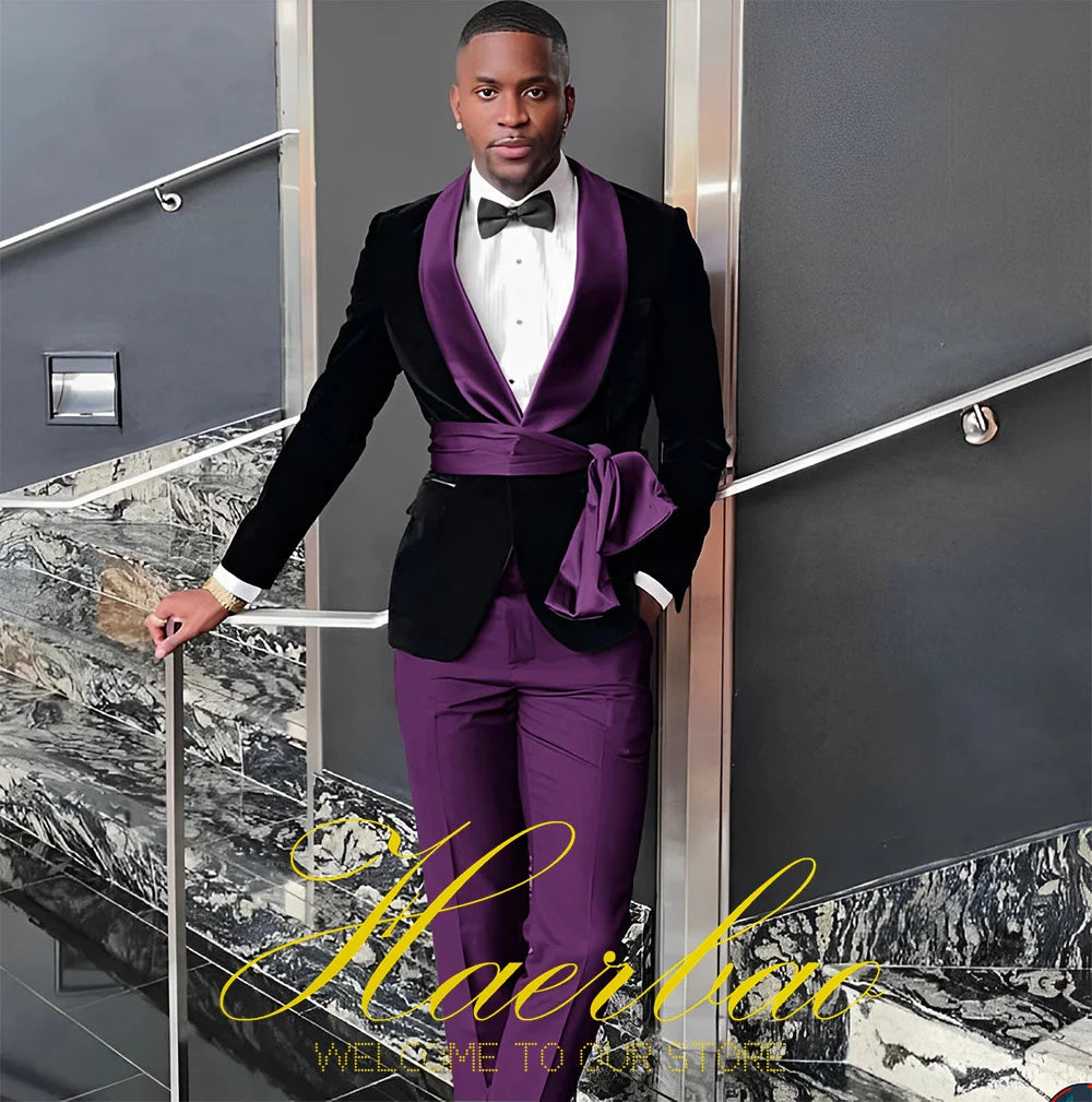 Black Mens Wedding Tuxedo Velvet Suit Two Piece Shawl Collar Jacket Pants Formal Groom Party Blazer